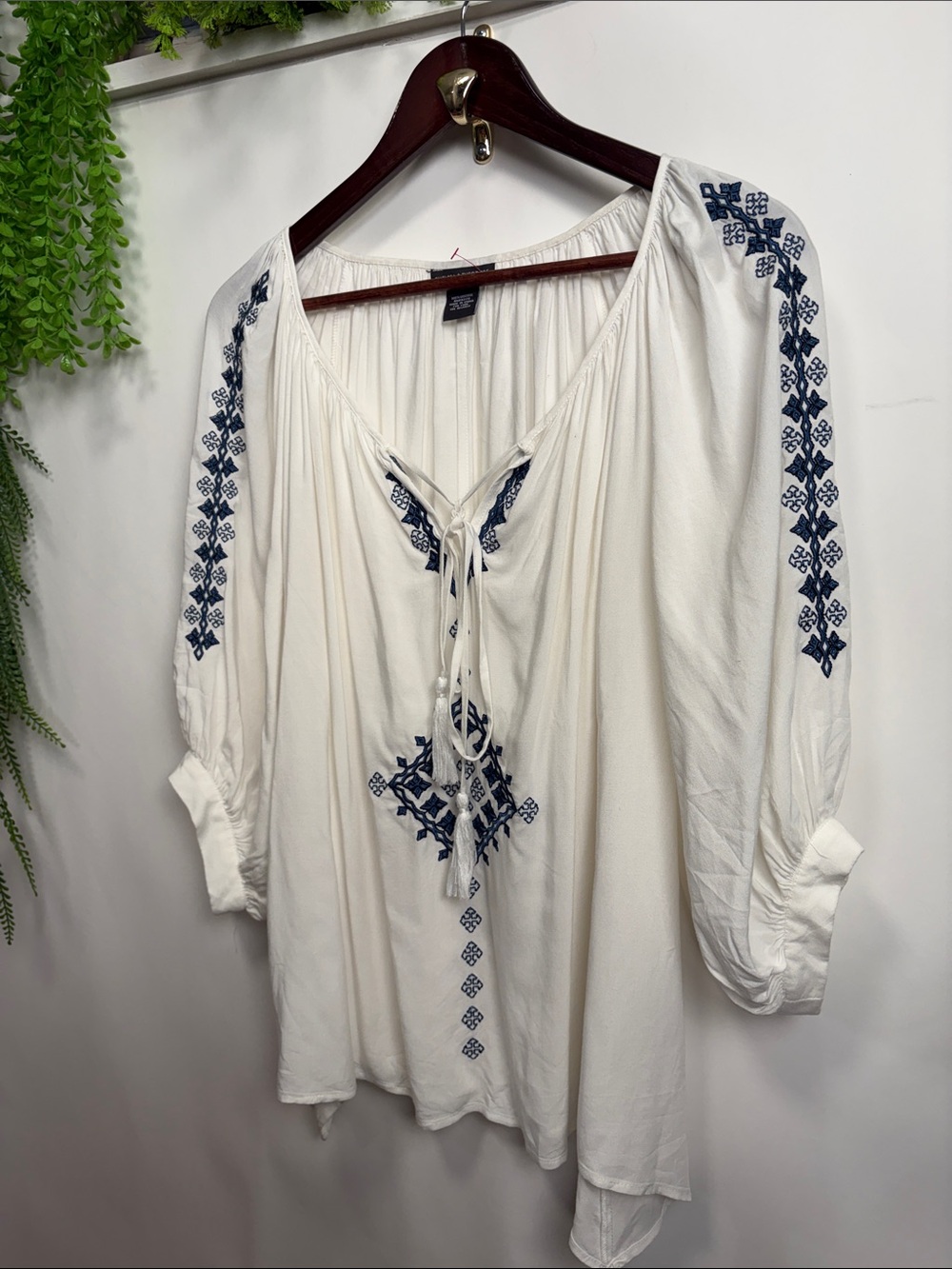 Chelsea & Theodore White Peasant Blouse with Navy Embroidery